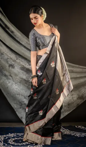 Black Handloom Pure Silk Chanderi Saree