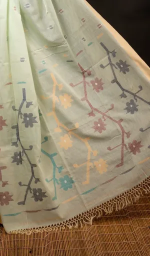 Woman wearing off-white handloom pure cotton Jamdani saree with multicolour woven floral motifs