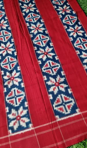 Red handloom pure cotton double ikat saree with blue and white geometric woven patterns