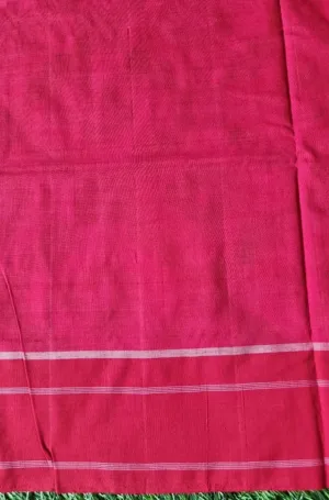 Handloom pure cotton double ikat saree in a vibrant pink color with subtle white stripes along the border.