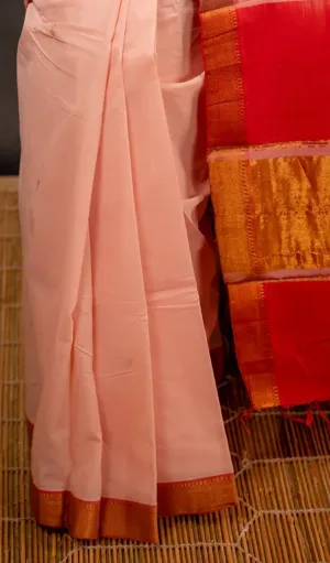 Peach handloom pure cotton Mangalagiri saree with rich red and gold Nizam border, traditional ethnic wear