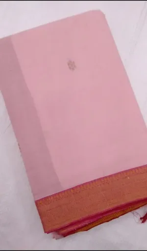 Light pink handloom pure cotton Mangalagiri saree with traditional Nizam border and minimal woven butti detail