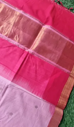 Pink handloom pure cotton Mangalagiri saree with traditional Nizam border and subtle zari weave detail