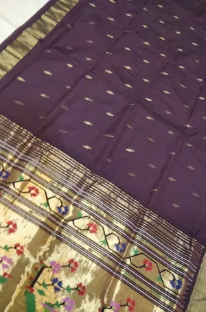 Handloom pure cotton Paithani saree with intricate floral embroidery and gold zari work along the border.