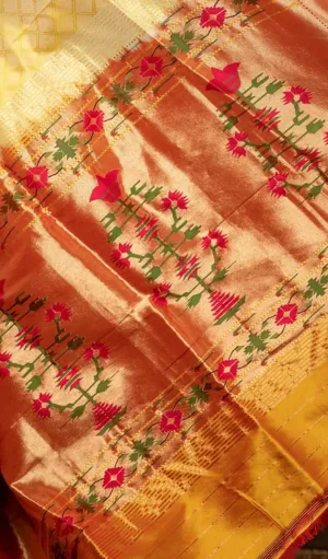 Pink and gold handloom pure silk Paithani brocade saree with multicolour peacock motifs and traditional floral weaving