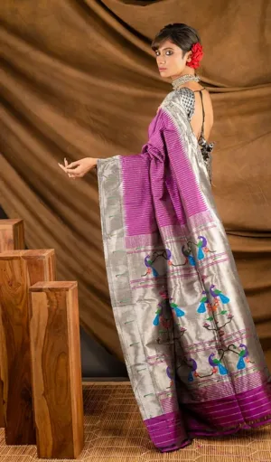 Silver Brocade Pure Silk Paithani Saree