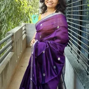 Purple handloom pure silk Chanderi saree with silver butti motifs and zari border