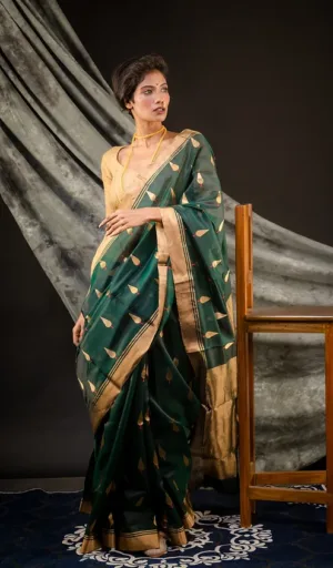 Chanderi saree in dark green with gold leaf motifs and a contrasting gold border, worn by a model standing against a neutral backdrop.