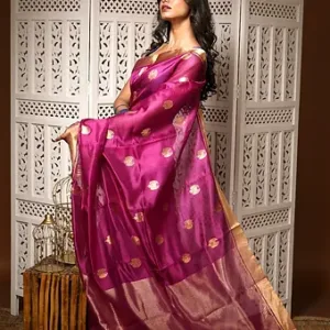 Woman wearing a magenta pure silk Chanderi handloom saree with golden butti motifs and zari border, posing indoors in an elegant traditional setting; festive silk saree look.