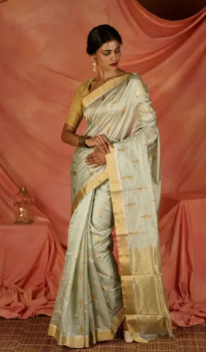 Pastel Grey Handloom Pure Silk Chanderi Saree