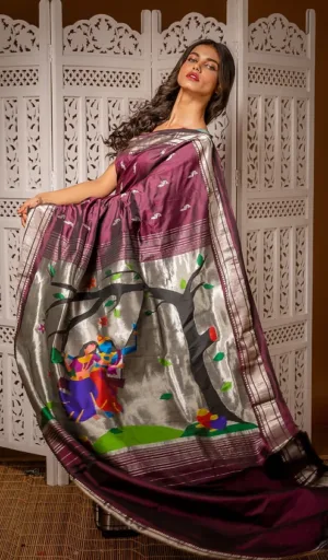 Wine purple handloom pure silk Paithani saree with silver zari border and traditional Radha Krishna mural pallu