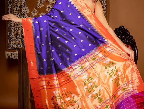Handloom-pure-silk-paithani-3 Royal blue and orange handloom pure silk Paithani saree with traditional zari motifs and floral pallu design