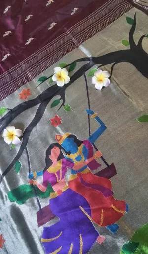 Grey and maroon handloom pure silk Paithani saree with colourful Radha Krishna swing motif and traditional woven border