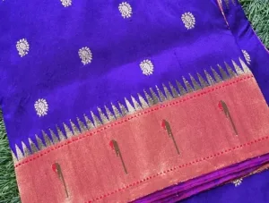 Royal blue handloom pure silk Paithani saree with copper zari border and traditional woven motifs