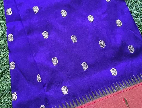 Handloom-pure-silk-paithani-5 Royal blue handloom pure silk Paithani saree with silver butti motifs and traditional zari border