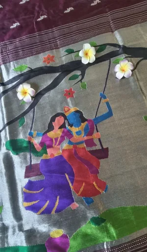 Purple and silver handloom pure silk Paithani saree with traditional Radha Krishna swing motif and woven floral details