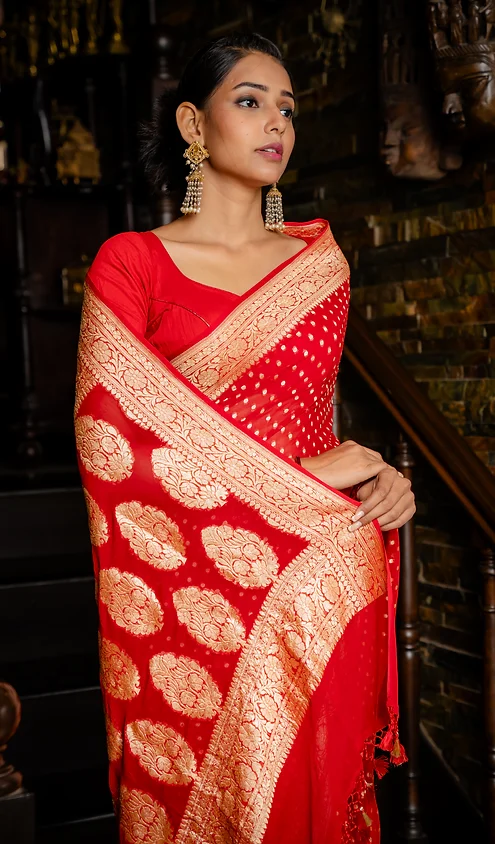 Handwoven-Pure-Chiffon-Banarasi-2 Woman wearing a red handwoven saree with intricate gold patterns and embellishments, styled elegantly with matching earrings.
