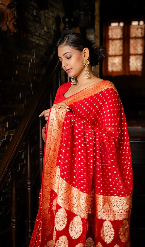 Handwoven-Pure-Chiffon-Banarasi-3 Woman wearing a red handwoven saree with gold patterns and embellishments, posing gracefully in a traditional setting.