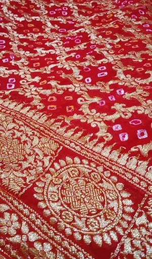 Close-up of Handwoven Pure Chiffon Banarasi saree in rich red with detailed gold zari work. The design features floral patterns, circular motifs, and diamond shapes in gold and pink, showcasing traditional craftsmanship and elegance.