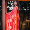 Model wearing a Handwoven Pure Chiffon Banarasi saree in vibrant red, featuring intricate gold zari floral and geometric patterns. The saree is draped elegantly with a flowing pallu, exuding traditional luxury and grace.