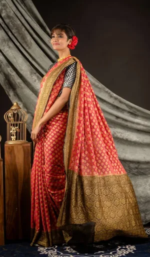 Handwoven pure georgette Banarasi saree in red with gold patterns, worn by a model with a flower in her hair.