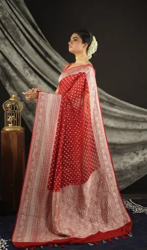 Model wearing a Handwoven Pure Khadi Georgette Banarasi saree in red with white polka dots and a beautiful gold zari border featuring floral motifs. The saree is gracefully draped with a flowing pallu, finished with tassels