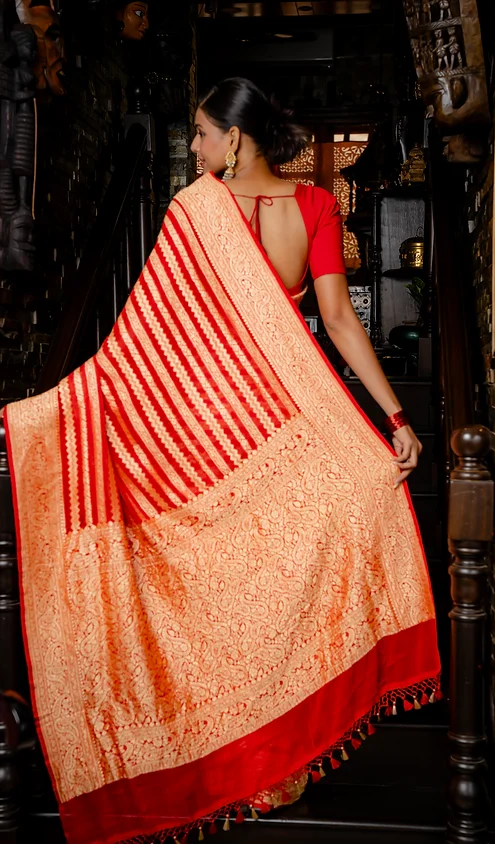 Handwoven-Pure-Khaddi-Georgette-banarasi-3 A woman wearing a red blouse and a handwoven khadi georgette Banarasi saree, showcasing intricate patterns and a contrasting border.