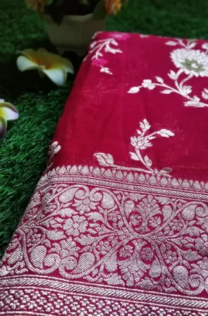 Maroon handwoven pure chiffon Tilfi Banarasi saree with silver zari floral vines and ornate brocade border