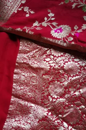 Red handwoven pure chiffon Tilfi Banarasi saree with rich silver zari floral jaal and intricate brocade pallu