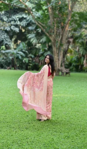 Pink Handwoven Pure Chiffon Tilli Banarasi Saree