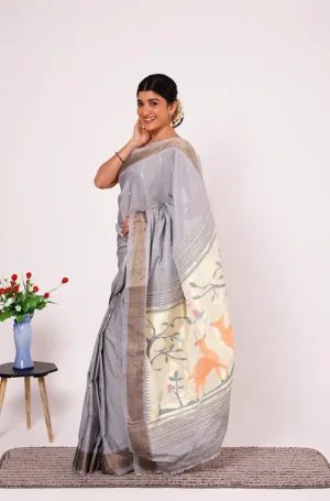 Grey Cotton Paithani Saree