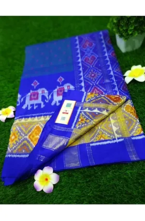 Blue mulberry silk handcrafted single ikat Patola saree with traditional woven animal motifs and gold border