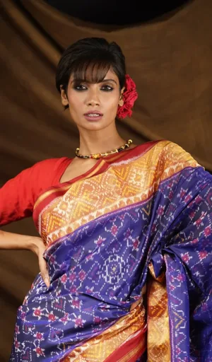 Woman wearing blue mulberry silk handcrafted single ikat Patola saree with gold and red woven border
