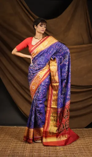 Blue & Mustard Mulberry Silk Ikat Patola Saree