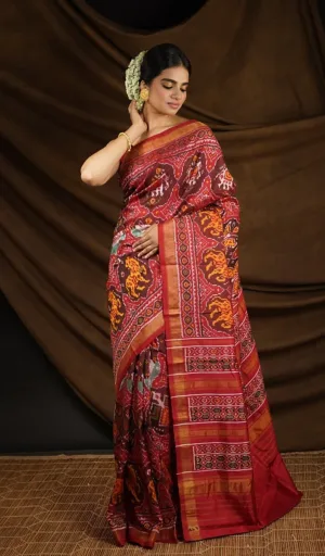 Red Mulberry Silk Handcrafted Single Ikat Patola Saree