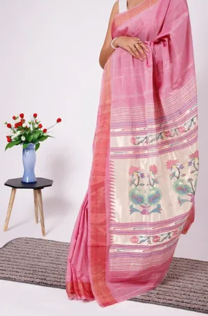 Pink handloom pure cotton Paithani saree with traditional floral pallu and fine zari border, elegant ethnic wear