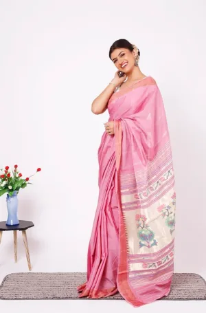 Pink Cotton Paithani Saree, Najuka Handloom Paithani, Pure Cotton Paithani Saree Online, Artistic Pallu Cotton Paithani, Lightweight Handloom Paithani Saree, Affordable Paithani Saree Online, Traditional Cotton Paithani, Office Wear Paithani Saree