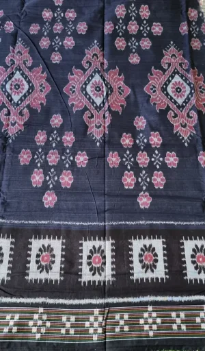 Black handloom Odisha ikat cotton saree with pink and white traditional woven motifs