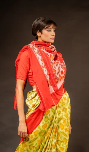 Woman wearing single ikat pure cotton saree in yellow and green with red ikat pallu