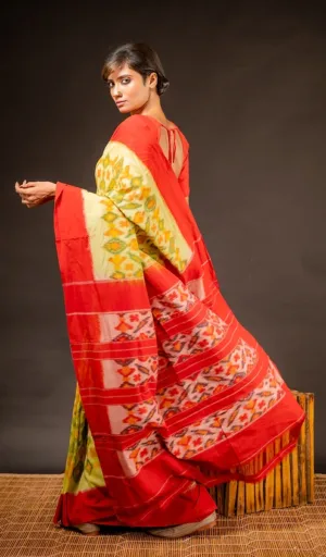 Red & Yellow Single Ikat Pure Cotton Saree