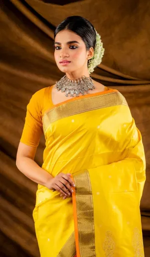 Turmeric yellow handloom pure silk Paithani saree with gold zari border, worn by woman in traditional Maharashtrian style