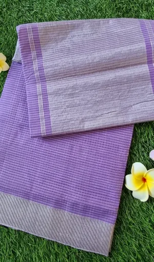 Lavender handloom pure cotton Mangalagiri saree with fine ribbed weave and elegant silver border