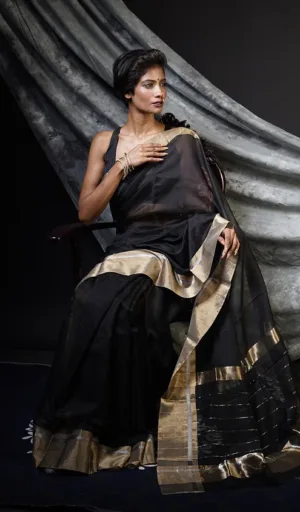 Black Handloom Cotton Silk Chanderi Saree