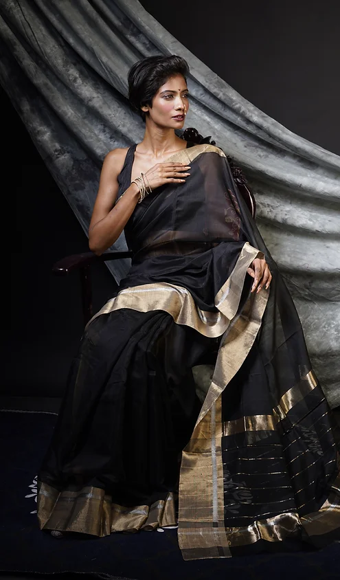 handloom-pure-silk-chenderi-1-main-image Black Handloom Cotton Silk Chanderi Saree