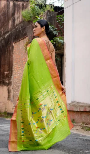 mugdha handloom parrot green cotton paithani saree