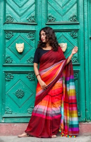 Woman wearing a multicolored striped saree with a dark blouse, standing in front of a green door with decorative elements.