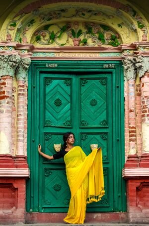 Woman wearing a yellow saree standing against a green ornate door with intricate carvings and lion head knockers.