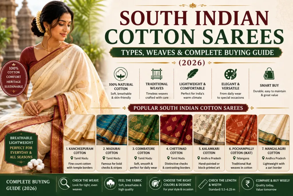 South Indian Cotton Sarees – Types, Weaves & Complete Buying Guide (2026)